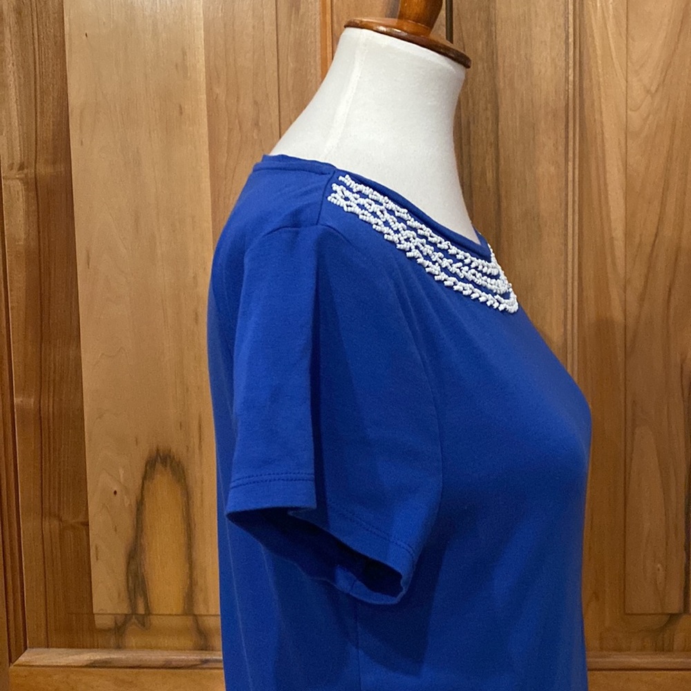 Talbots - Petites - Blue Scoop-Neck Tee/White Beaded Neckline Detail - EUC - XLP - Picture 10 of 14